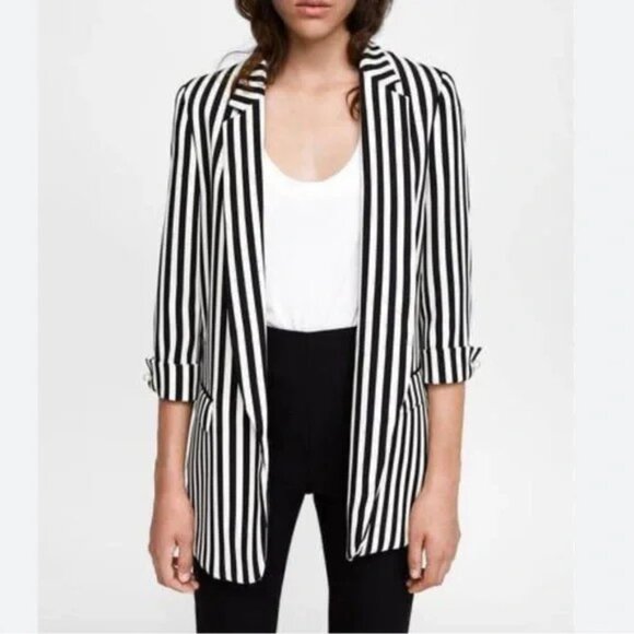 New ZARA Monochrome Striped Long Line Women's Blazer Sz XL - Picture 4 of 9